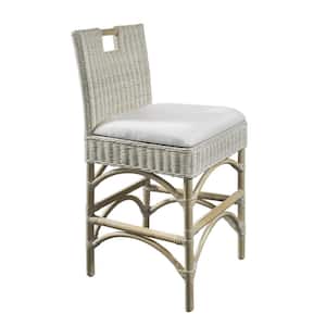 Malio 35.83 in. Whitewash Full Back Rattan Frame Counter Height (24-27 in.) Counter Stool with Fabric Seat