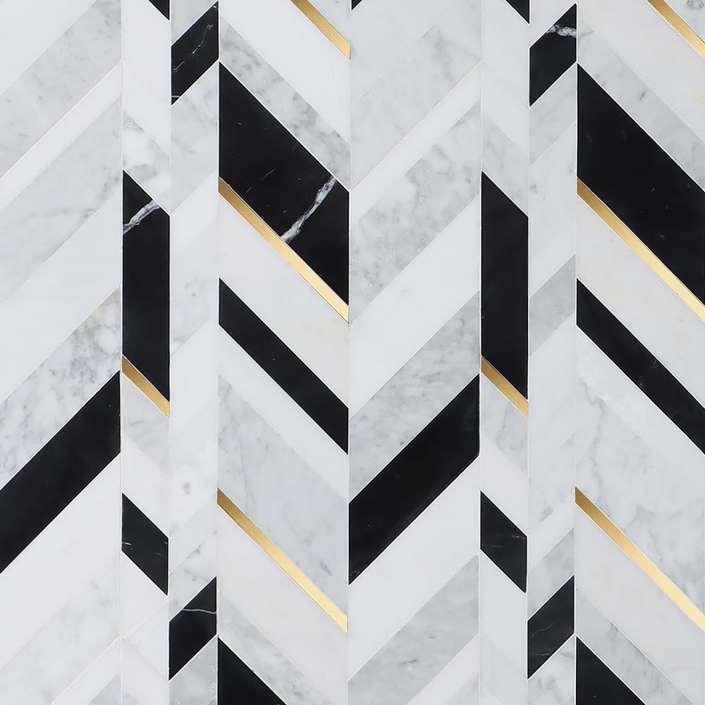 Xander Polished Marble and Brass Chevron Wall Mosaic Tile