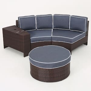 Brown 4-Piece Faux Rattan Patio Sectional Seating Set with Navy Blue Cushions
