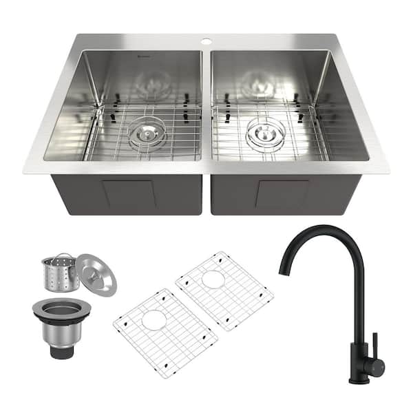 VANITYFUS 33 in. Drop-In Undermount Double Bowls 18-Gauge Brushed Stainless Steel Kitchen Sink with Faucet and Accessories