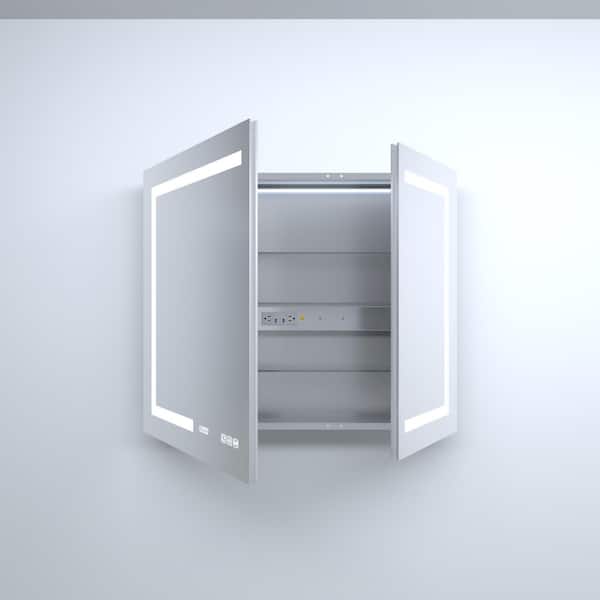 36 in. W x 30 in. H Rectangular Silver Aluminum Recessed/Surface Mount Medicine Cabinet with Mirror, LED and Clock