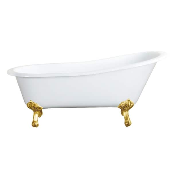 Tazatina 53.9 in. x 30.3 in. Cast Iron Oval Clawfoot Soaking Bathtub in White/Brushed Brass