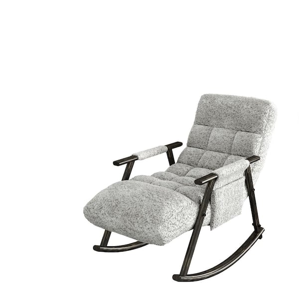Tenleaf Black Metal Outdoor Rocking Chair with Gray Cushion, Adjustable High Back, Footrest, Side Pockets
