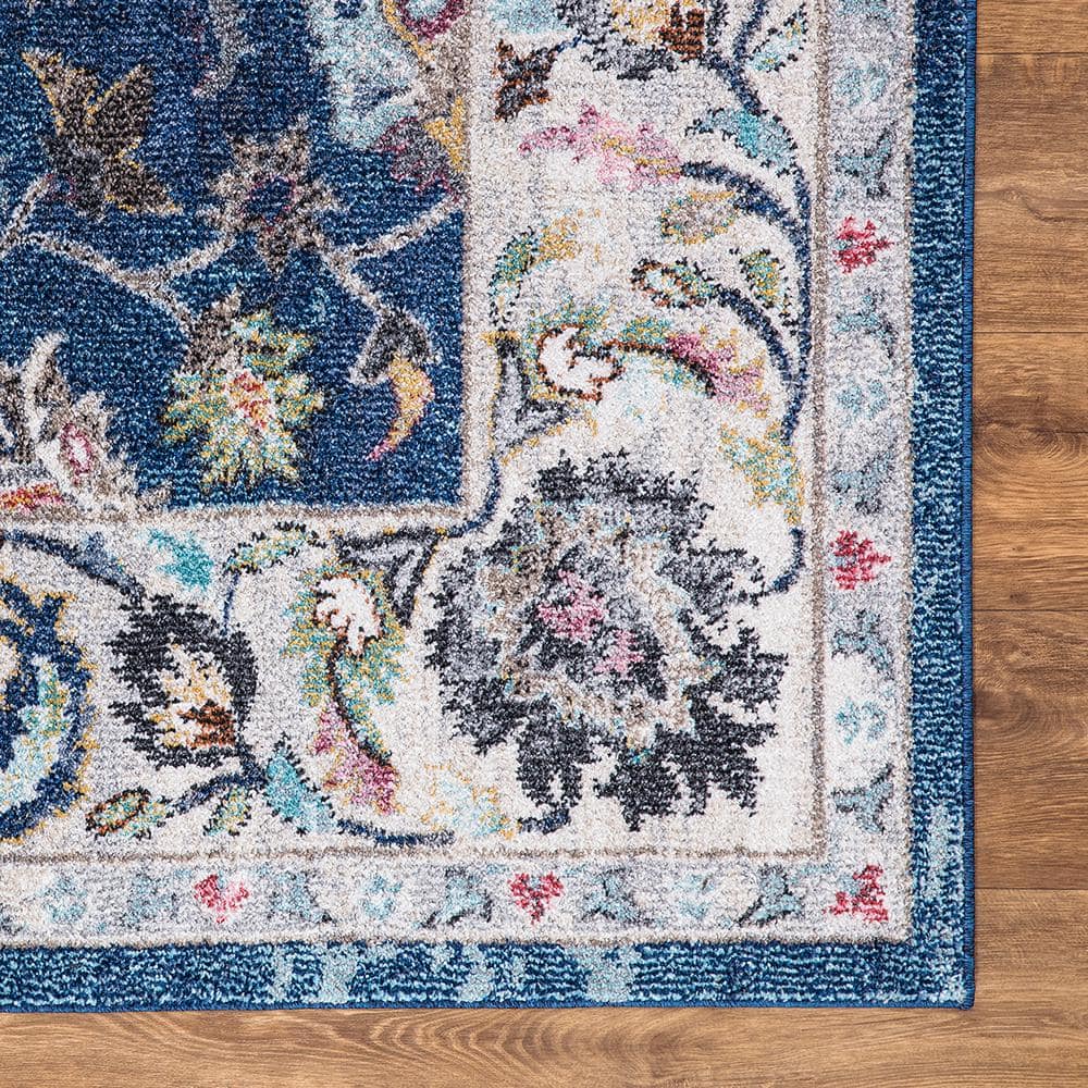 Vintage Navy Blue Polypropylene Border Runner Rug, 2' x 7'