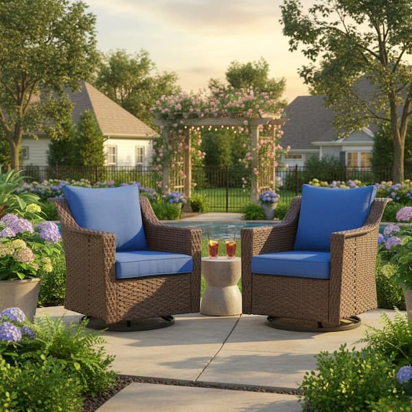 Skinny Guy Series 2-Pack Brown Wicker Outdoor Patio Glider with CushionGuard Blue Cushions