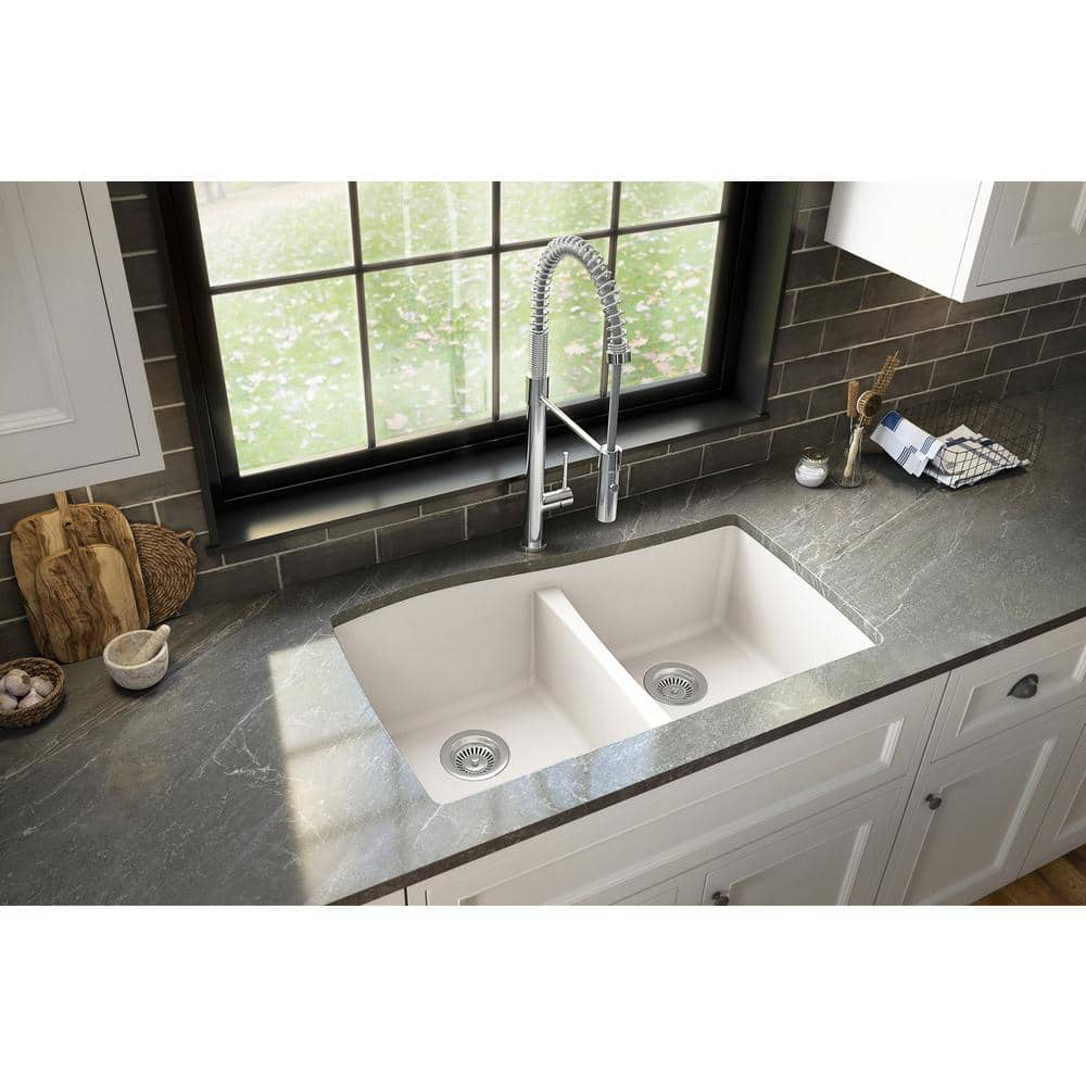 Karran Undermount Quartz/Granite Composite 33 in. 50/50 Double Bowl Kitchen Sink in White