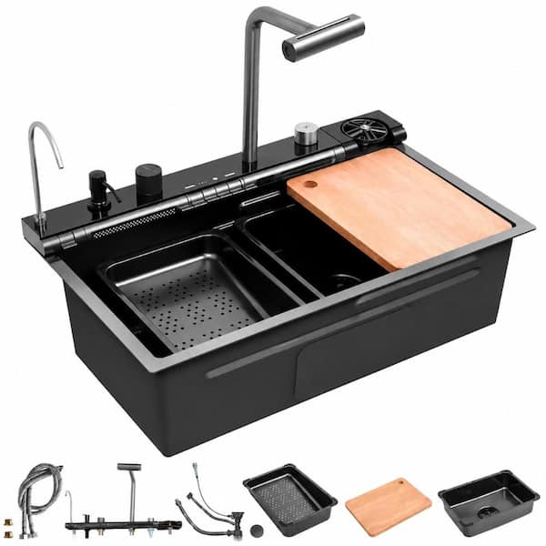 30 in. Drop-In Single Bowl Matte Black Smart Stainless Steel Workstation Sink with Digital Display and Faucet