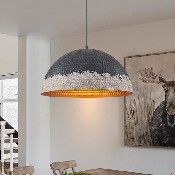 Nathan 1-Light 15.7 in. Industrial Farmhouse Black and White Hammered Pendant Lighting with Dome Shade