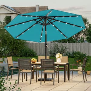 aqua patio umbrella with lights JOYESERY 9 ft. Solar LED Market Patio Umbrellas with Solar Lights and Tilt  Button in Gray J-UM-098G-LED