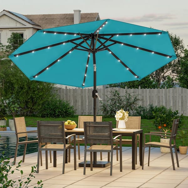 9 foot patio umbrella with solar lights JOYESERY 9 ft. Solar LED Market Patio Umbrellas with Solar Lights and Tilt Button in Turquoise