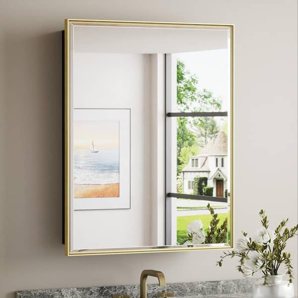 24 in. W x 30 in. H Rectangular Gold Metal Framed Beveled Surface Mount/Recessed Medicine Cabinet with Mirror