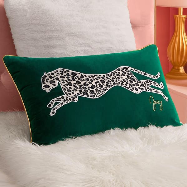 JUICY COUTURE Velvet Cheetah Green Animal Print Embroidered Polyester 14 in. x 24 in. Throw Pillow