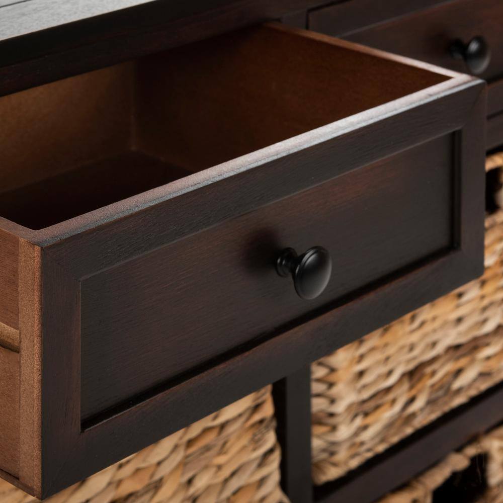 Transitional Pine Wood Storage Unit with 6 Wicker Baskets, Brown