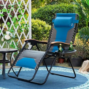 Grey and Aqua Metal Oversized Padded Folding Zero Gravity Chair with Cup Holder Outdoor Patio Adjustable Recliner
