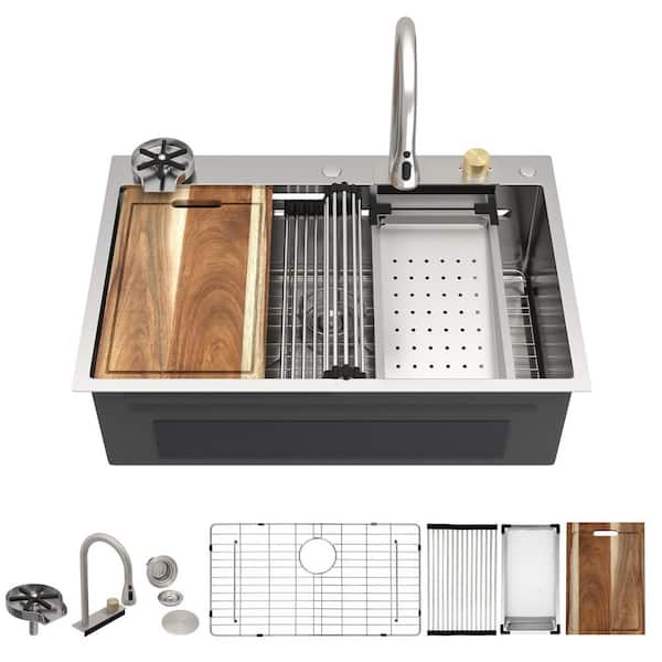 33 in. Drop-In Single Bowl Workstation Kitchen Sink, 16-Gauge Stainless Steel, with Waterfall Faucet and Glass Rinser