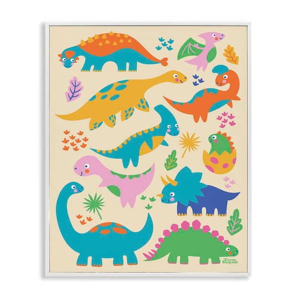 Stupell Industries Cute Whimsy Dinos by Carrie Cantwell White Framed Animal Giclee Art Print 30 in. x 24 in.
