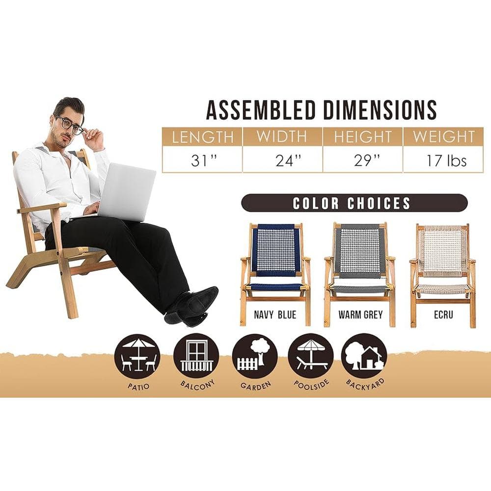 Vega Midcentury Natural Acacia Wood Outdoor Chair with Navy Blue Cording