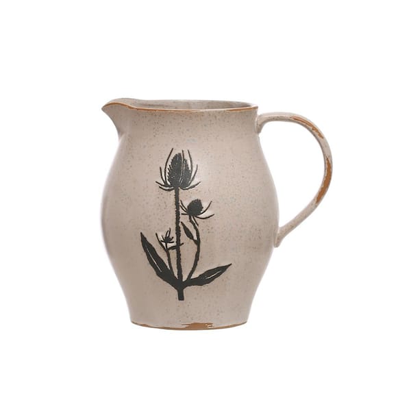 Storied Home 50 fl.oz White & Black Stoneware Pitcher with Flower Design