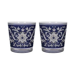 8.75 in. Dia Navy and White Chinoiserie Pattern Melamine Pot with In-Line Saucer (2-Pack)