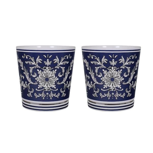 MPG 8.75 in. Dia Navy and White Chinoiserie Pattern Melamine Pot with In-Line Saucer (2-Pack)