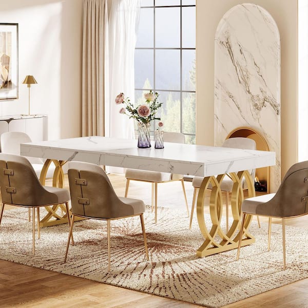 Rectangle White Wood 63 in. Trestle Dining Table for 6 with Faux Marble Tabletop and Geometric Legs Living Room Kitchen