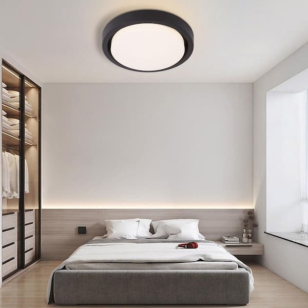 OUKANING 12.59 in. 1-Light Modern Minimalist Round Black Flush