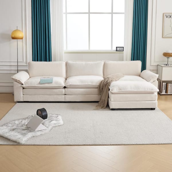 Karl home Double-Layer Cushion's Collection 120 in Wide Pillow Top Arm Chenille L-shaped Modern Sofa in. White with Ottoman