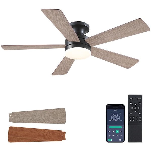 46 in. Indoor/Outdoor Flush Mount Brown Ceiling Fan with Dimmable 3 Color LED Light and Remote/APP Control