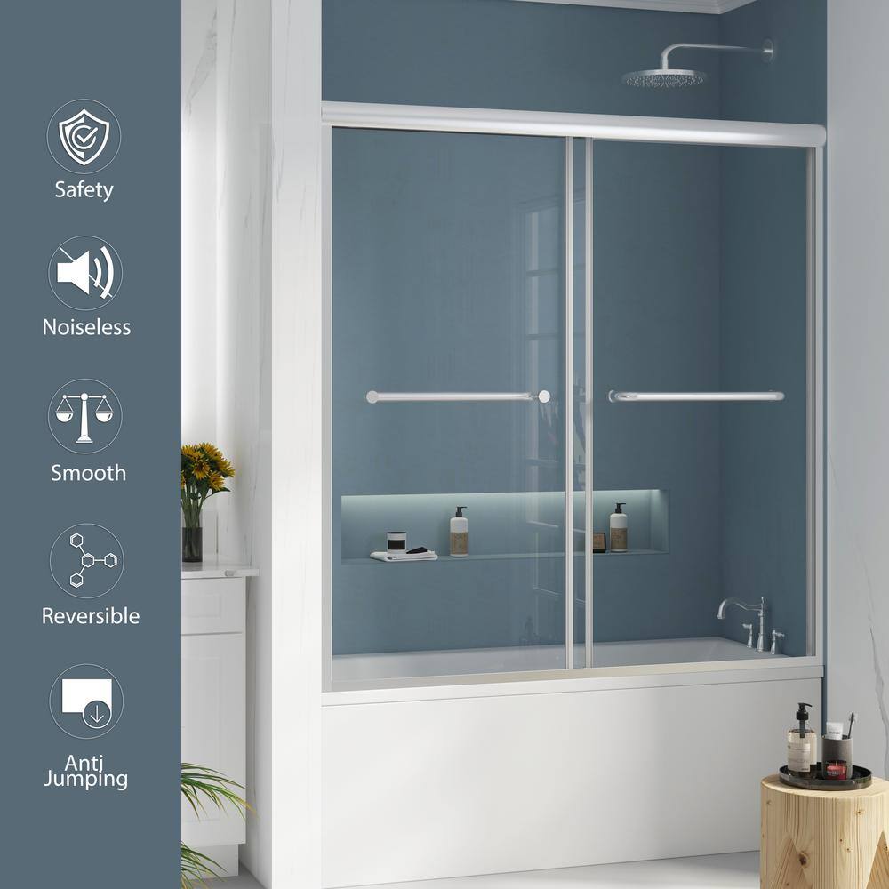 Nickel Framed Double Sliding Tub Door with Clear Tempered Glass