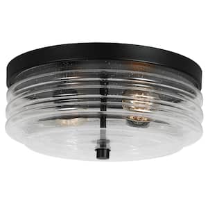 12 in. 2-Light Black Transitional Flush Mount with Seeded Glass Shade