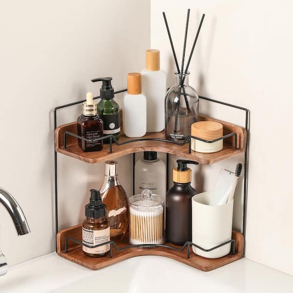 2-Tier Wooden Corner Spice Rack with for Vanity Countertop, Skincare, Makeup, Storage, Organization and Kitchen (1-Pack)