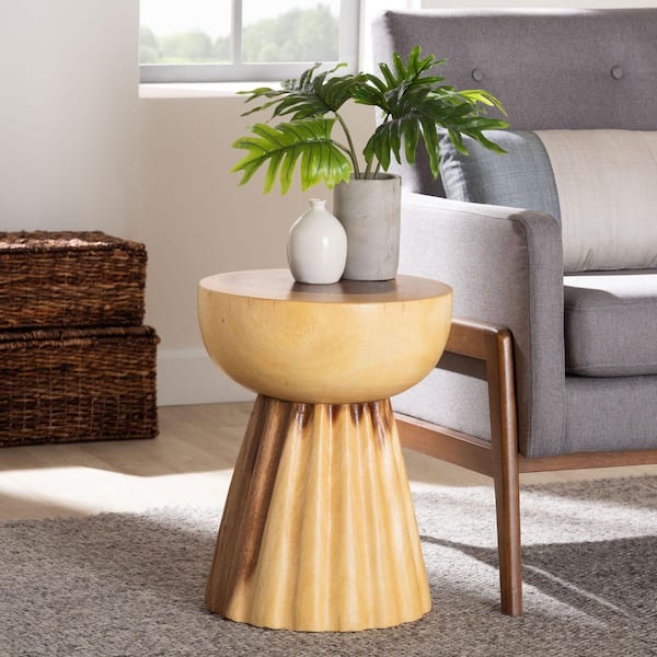 Alara 13.8 in. Natural Brown Round Suar Wood End Table