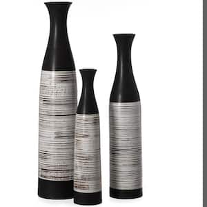 Set of 3 Handcrafted Black and White Waterproof Ceramic Floor Vase - Neat Classic Bottle Shape