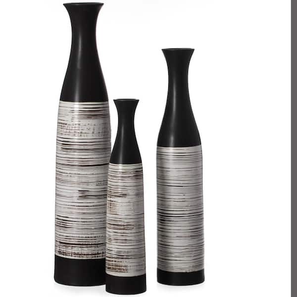 Uniquewise Set of 3 Handcrafted Black and White Waterproof Ceramic Floor Vase - Neat Classic Bottle Shape
