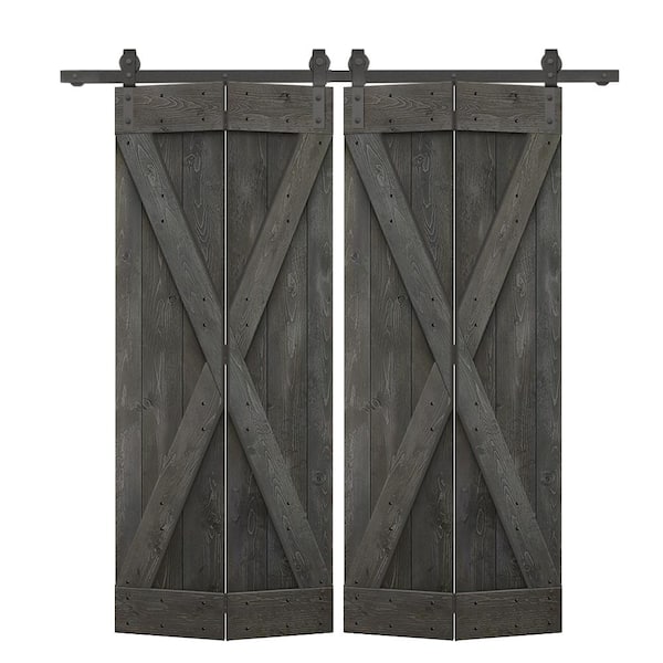 CALHOME 64 in. x 84 in. X Pre Assembled Carbon Gray Wood Double Solid Core Bi-fold Barn Doors with Sliding Hardware Kit