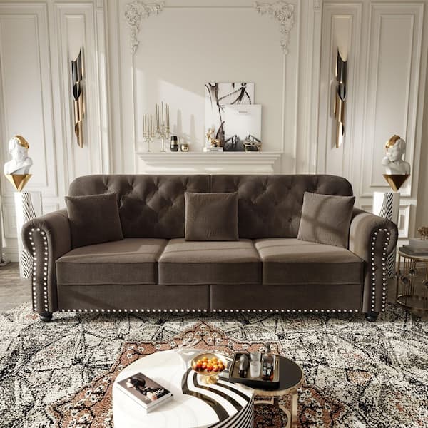 Polibi 82.6 in. Rolled Arm Velvet Sofa in Burgundy with Nailhead