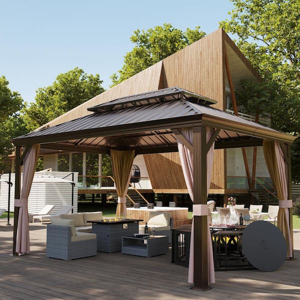 10 ft. x 12 ft. Aluminum Outdoor Gazebo with Double Galvanized Steel Roof, Ceiling Hook, Mosquito Netting and Curtains