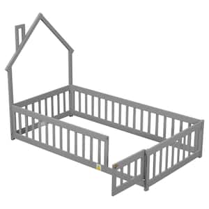 Gray Wood Frame Twin Size House Platform Bed, Floor Bed with Chimney and Roof Design, Fence Guardrails with Door