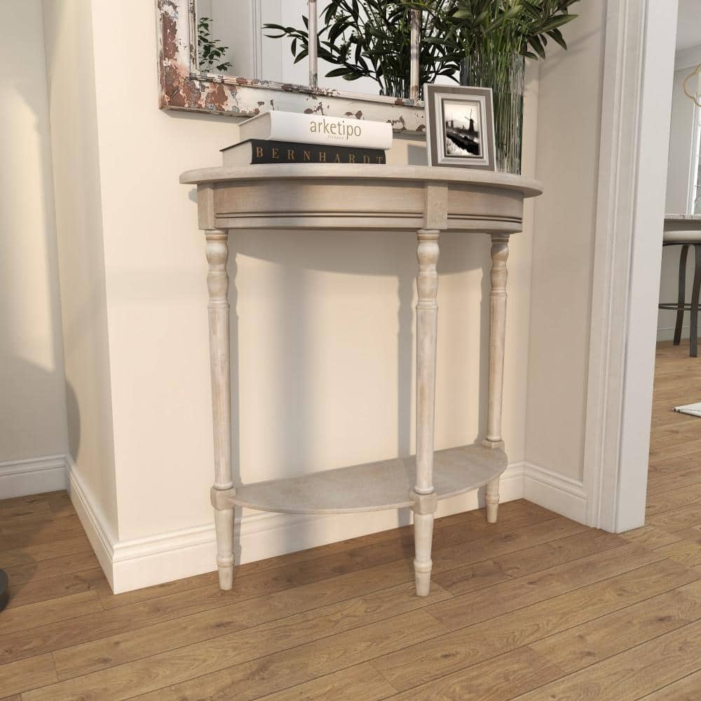 Charming Light Brown Demilune Console Table with Storage Shelf