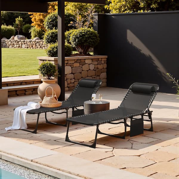 Black 2-Pieces Metal Folding Outdoor Chaise Lounge, 5-Position Reclining Portable Patio Chair, Black