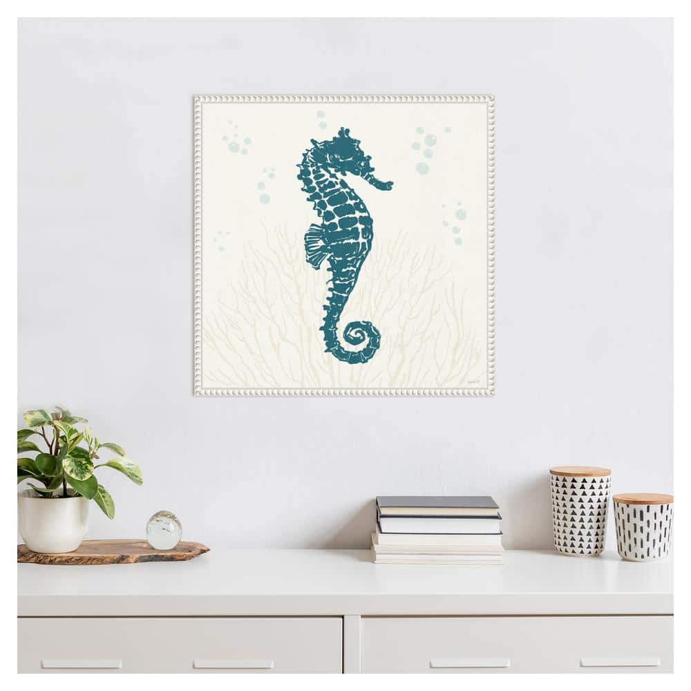 Nautical Blue Seahorse Print on Beaded Canvas Frame