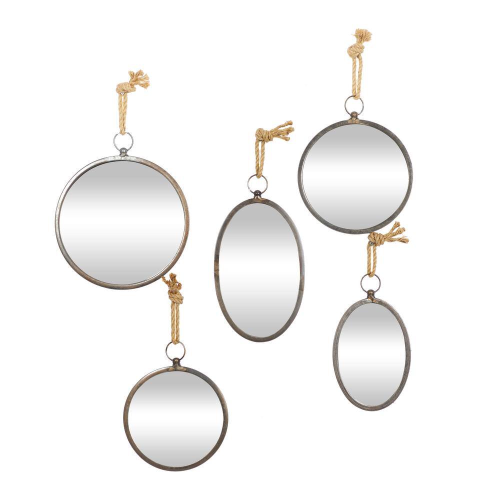 Gray Metal Round and Oval Wall Mirrors with Rope Hangers, Set of 5