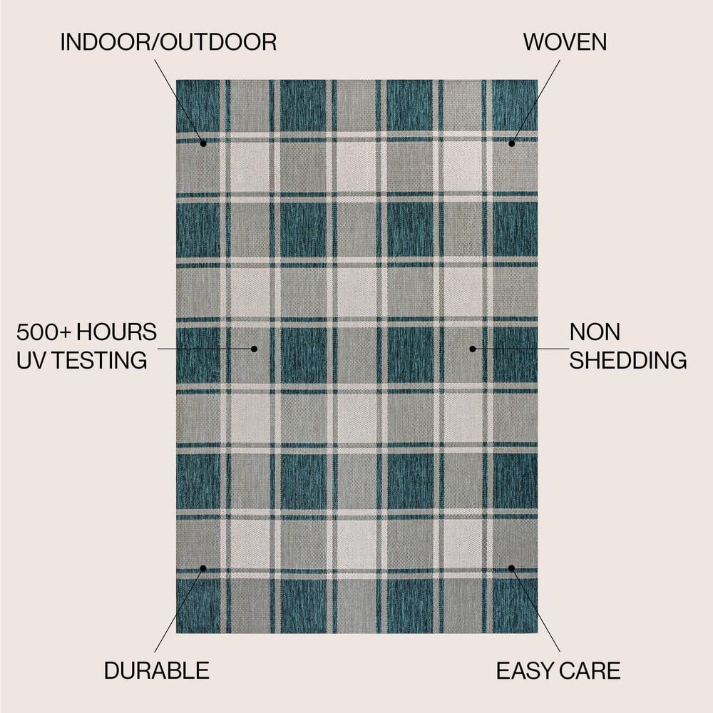 Turquoise and Cream Gingham 4x6 Outdoor Area Rug