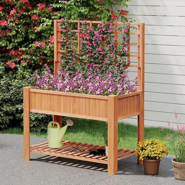 ANGELES HOME Orange Fir Wood Raised Garden Bed with Trellis (45 in