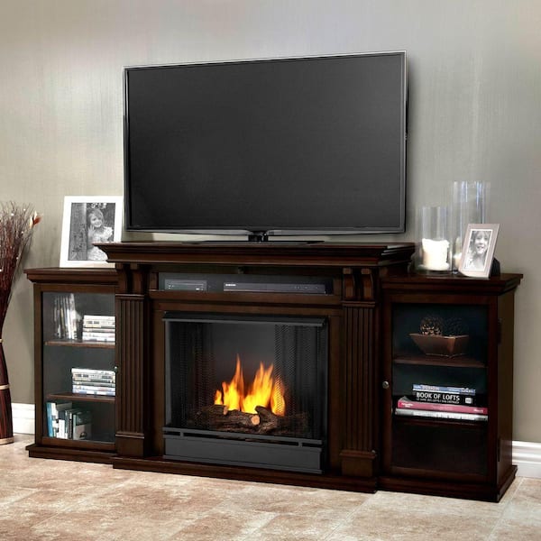 Real Flame Calie Entertainment 67 in. Media Console Ventless Gel Fuel Fireplace in Dark Walnut