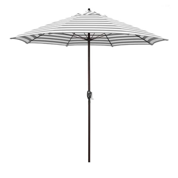California Umbrella 9 ft. Bronze Aluminum Market Patio Umbrella with Fiberglass Ribs and Auto Tilt in Gray White Cabana Stripe Olefin