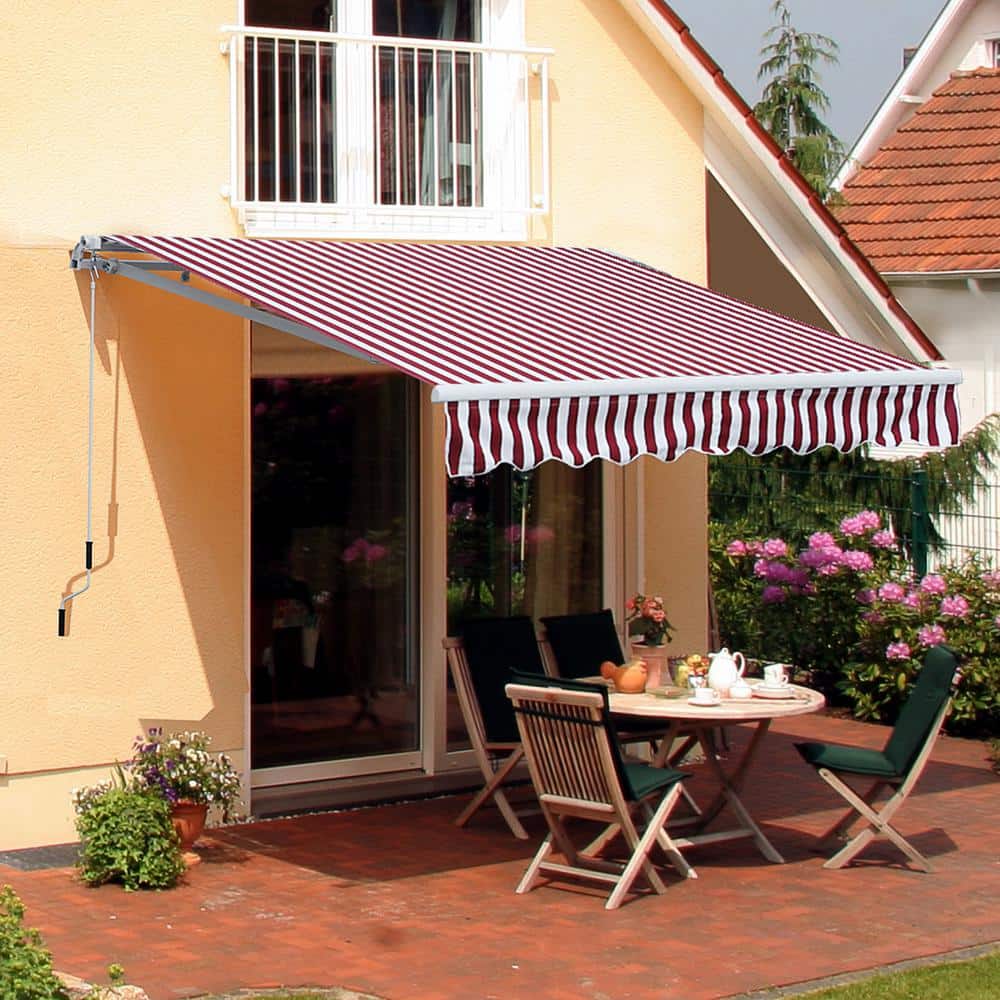 Wine Red Striped 10' x 8' Retractable Patio Awning with Aluminum Frame