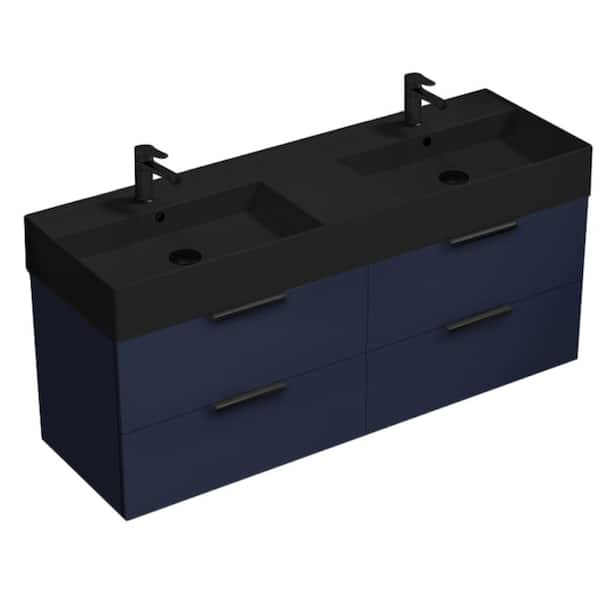 Nameeks Derin 55.51 in. W x 18.11 in. D x 25.2 in. H Modern Bathroom Vanity in Night Blue with Matte Black Ceramic Top