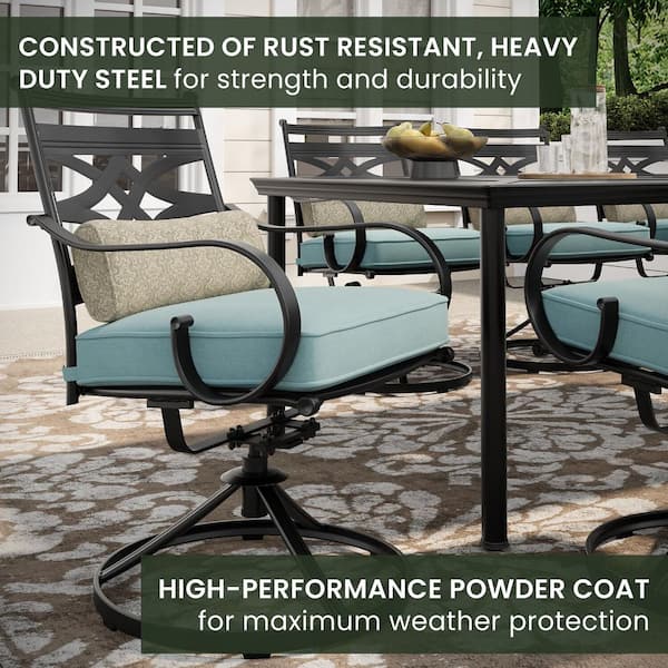 Montclair 9-Piece Steel Outdoor Dining Set with Ocean Blue Cushions, 8 Swivel Rockers and 42 in. x 84 in. Table
