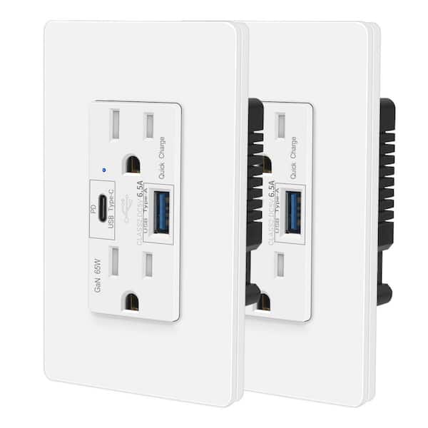 65-Watt USB C Outlet Fast Charging 15A Tamper Resistant High Speed Charging Wall Receptacle, Type C Support PD 3.0 & PPS